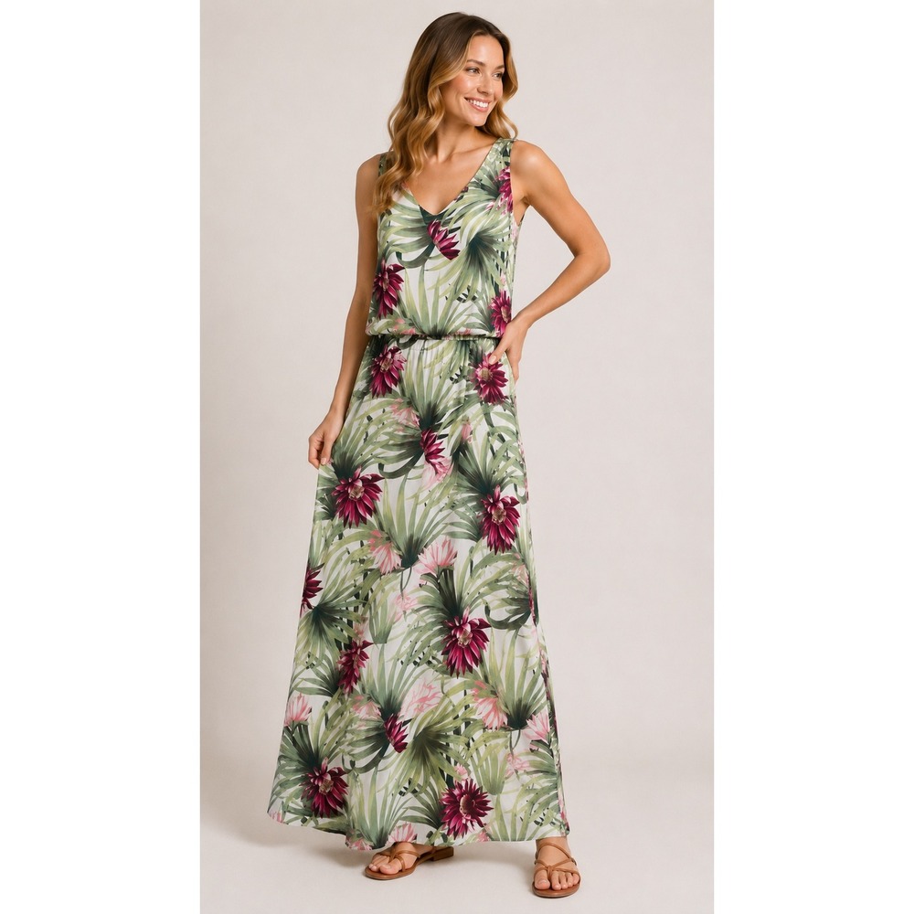 TOMMY BAHAMA Tropical Floral Palm Blouson Maxi Dress Viscose Jersey Resort Sz S